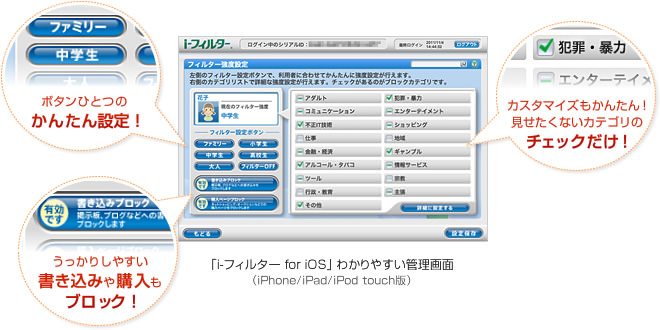 「i-フィルター for iOS」 わかりやすい管理画面（iPhone/iPad/iPod touch版）